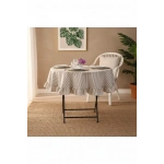 Gri Çizgili Keten YUVARLAK FIRFIRLI Masa Örtüsü