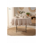 Bej Keten Yuvarlak Firfirli Masa Örtüsü