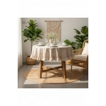 Sütlü Kahve Çizgili Keten YUVARLAK FIRFIRLI Masa Örtüsü