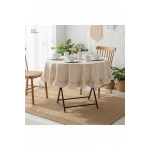 Sütlü Kahve Çizgili Keten YUVARLAK FIRFIRLI Masa Örtüsü