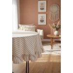 Sütlü Kahve Çizgili Keten YUVARLAK FIRFIRLI Masa Örtüsü