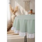 Yeşil Keten YUVARLAK (Beyaz) FIRFIRLI Masa Örtüsü