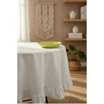 Ham Keten Krem FIRFIRLI Yuvarlak Masa Örtüsü