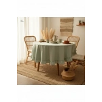 Premium Keten Adaçayı Yeşil FIRFIRLI YUVARLAK Masa Örtüsü