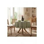 Premium Keten Adaçayı Yeşil FIRFIRLI YUVARLAK Masa Örtüsü