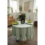 Premium Keten Adaçayı Yeşil FIRFIRLI YUVARLAK Masa Örtüsü