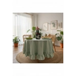 Premium Keten Adaçayı Yeşil FIRFIRLI YUVARLAK Masa Örtüsü