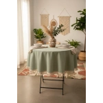 Premium Keten Adaçayı Yeşil YUVARLAK Ham Ponponlu Masa Örtüsü