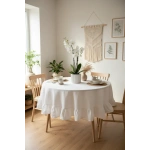 Premium Beyaz Keten Fırfırlı Yuvarlak Masa Örtüsü