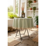 Premium Keten Adaçayı Yeşil YUVARLAK Ham Ponponlu Masa Örtüsü