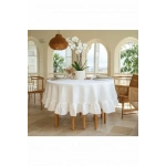 Premium Beyaz Keten Fırfırlı Yuvarlak Masa Örtüsü