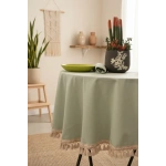 Premium Keten Adaçayı Yeşil YUVARLAK Ham Ponponlu Masa Örtüsü