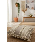 Bej Keten Kalın Dantel Ponponlu Kırlent 2 Adet Kırlent Kılıfı(43 X 43)