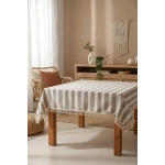 Buldan Dokuması Keten Kahverengi Çizgili Ponponlu Masa Örtüsü