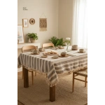 Buldan Dokuması Keten Kahverengi Çizgili Ponponlu Masa Örtüsü