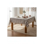 Buldan Dokuması Keten Kahverengi Çizgili Ponponlu Masa Örtüsü