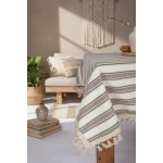 Buldan Dokuması Keten Kahverengi Çizgili Ponponlu Masa Örtüsü