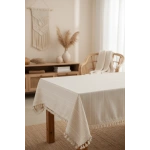 Buldan Dokuması Çizgili Krem Keten Ponponlu Masa Örtüsü