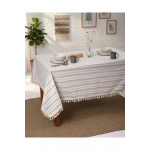 Keten Gri Antrasit Çizgili Ponponlu Masa Örtüsü