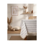 Keten Gri Antrasit Çizgili Ponponlu Masa Örtüsü