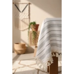 Keten Gri Antrasit Çizgili Ponponlu Masa Örtüsü