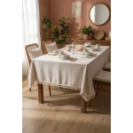 Bej Çizgili Keten Ponponlu Masa Örtüsü