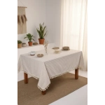 Bej Çizgili Keten Ponponlu Masa Örtüsü