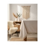 Bej Çizgili Keten Ponponlu Masa Örtüsü