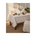 Bej Çizgili Keten Ponponlu Masa Örtüsü