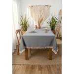 Premium Keten Füme Renk Kahverengi Şeritli Ponponlu Masa Örtüsü