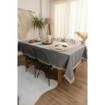 Premium Keten Füme Renk Kahverengi Şeritli Ponponlu Masa Örtüsü