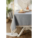 Premium Keten Füme Renk Kahverengi Şeritli Ponponlu Masa Örtüsü