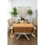 Kiremit Tarçın Renk Keten Ham Ponponlu Masa Örtüsü