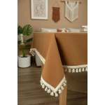 Kiremit Tarçın Renk Keten Ham Ponponlu Masa Örtüsü