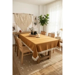 Kiremit Tarçın Renk Keten Ham Ponponlu Masa Örtüsü