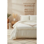 Beyaz Pamuk Keten Renkli Püsküllü Tek Kişilik Nevresim Takımı