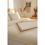 Beyaz Pamuk Keten Renkli Püsküllü Tek Kişilik Nevresim Takımı