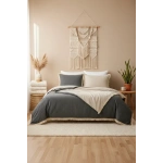 Çift Renkli Püsküllü (Antrasit - Krem) Keten Çift Kişilik Nevresim Takımı