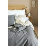 Çift Renkli Püsküllü (Antrasit - Krem) Keten Çift Kişilik Nevresim Takımı