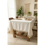 Beyaz Keten Ham Ponponlu Masa Örtüsü