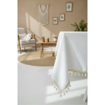 Beyaz Keten Ham Ponponlu Masa Örtüsü
