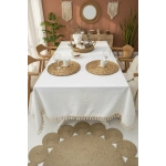 Beyaz Keten Ham Ponponlu Masa Örtüsü