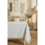 Çizgili Gri Şeritli Ponponlu Masa Örtüsü