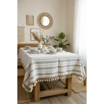 Çizgili Gri Şeritli Ponponlu Masa Örtüsü