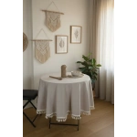 Bej Ham Ponponlu YUVARLAK Masa Örtüsü