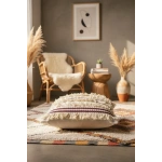 3 Püsküllü Ara Desenli Keten Krem Kırlent 2 Adet Kırlent Kılıfı