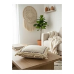 Dört Kenar Püsküllü Keten Krem Kırlent 2 Adet Kırlent Kılıfı43x43][