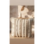 Üç Dantelli Püsküllü Ham Keten Krem 2 Adet Kırlent Kılıfı