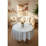 YUVARLAK Ham Keten Krem Ponponlu Masa Örtüsü