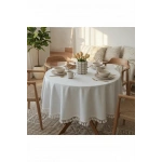 YUVARLAK Ham Keten Krem Ponponlu Masa Örtüsü